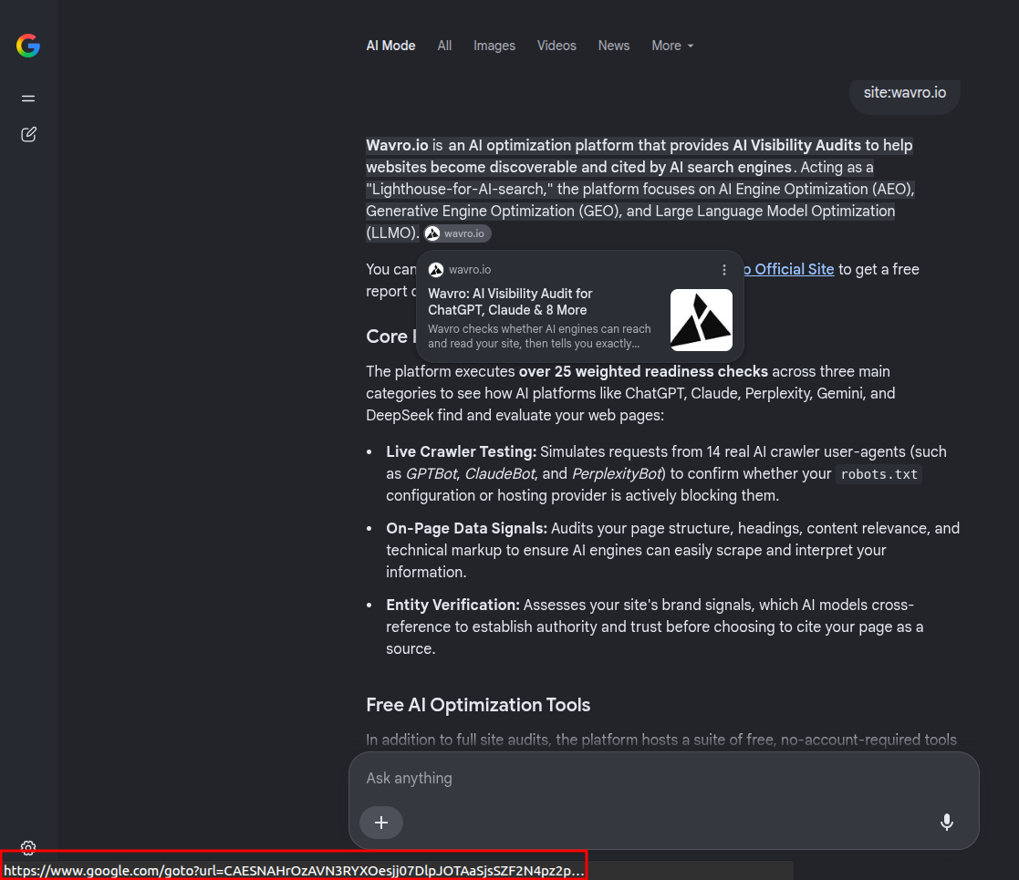 Google AI Mode response about wavro.io with a hovered source link showing a preview card, and the browser status bar showing a google.com/goto redirect URL