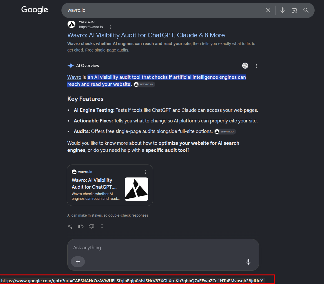 Google AI Overview for the query wavro.io with a wavro.io source card, and the browser status bar showing a google.com/goto redirect URL for that citation