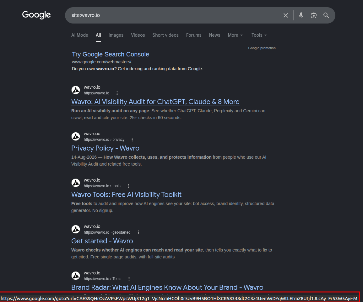 Google search results for site:wavro.io with the browser status bar showing a https://www.google.com/goto?url= link instead of the destination URL